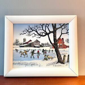 H. Hargrove The Ice Skating Pond Country Scene Framed Oil Painting Canvas Signed